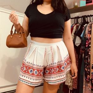 White High Waist Satin Tribal Print Shorts